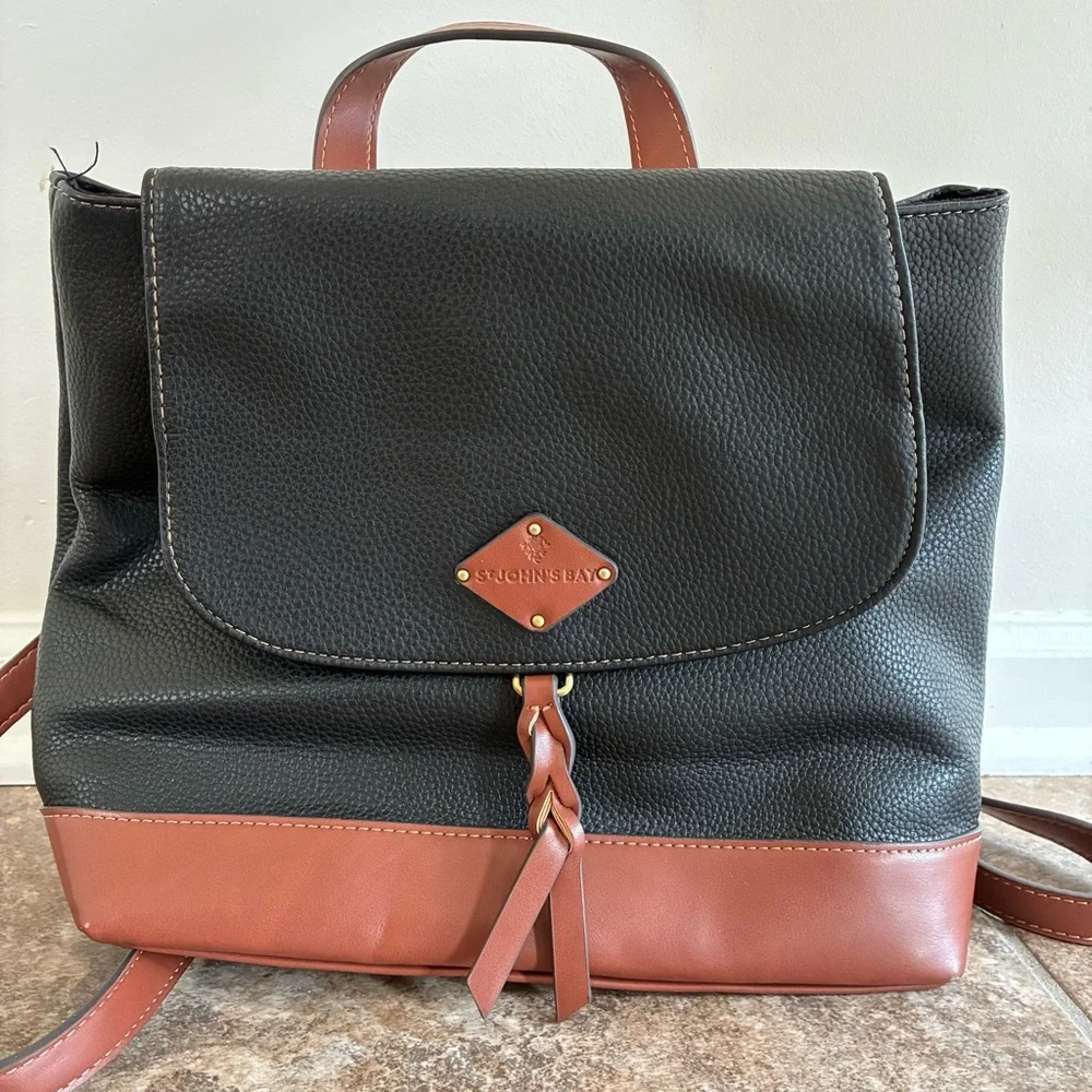 St. John’s Bay Black Brown Faux Pebble Leather Backpack Diaper Bag Flap Closure